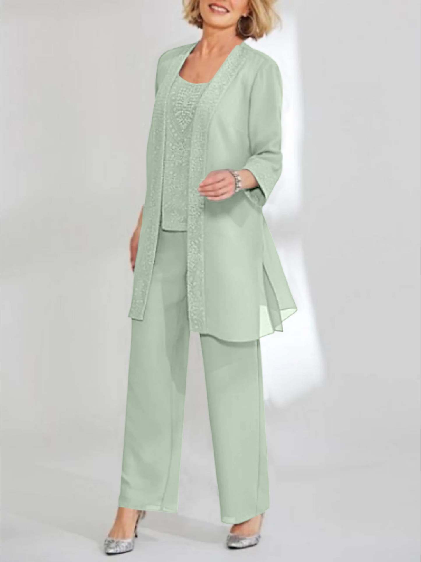 Ankle-Length Chiffon Mother of the Bride Pantsuit with Jacket in Scoop Style-LLELLA