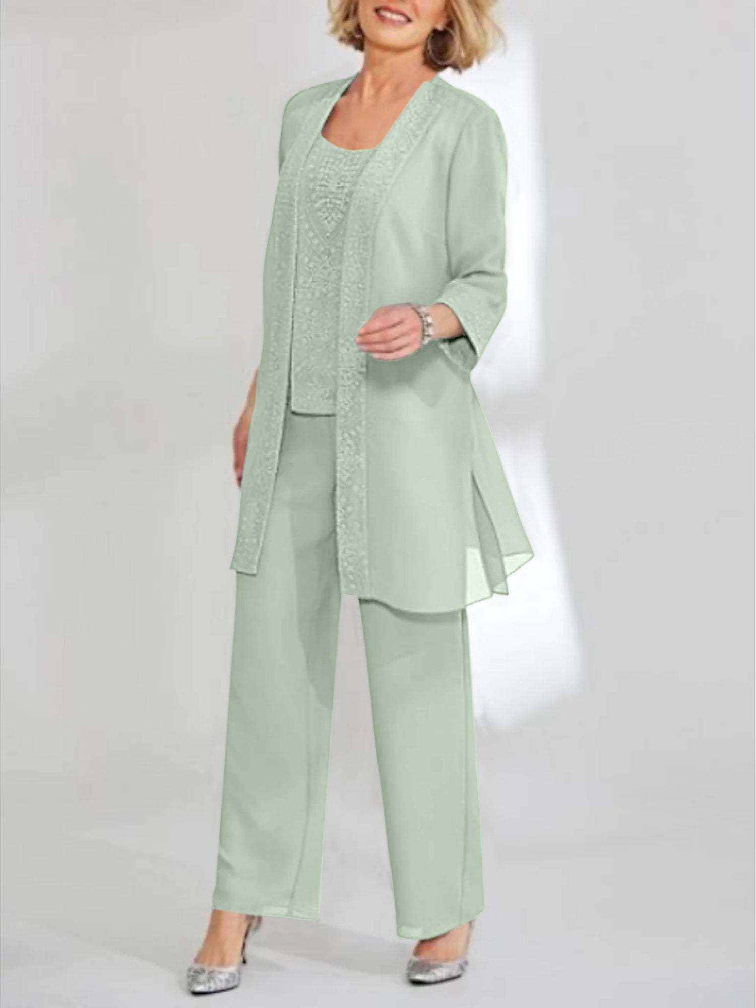 Ankle-Length Chiffon Mother of the Bride Pantsuit with Jacket in Scoop Style-LLELLA
