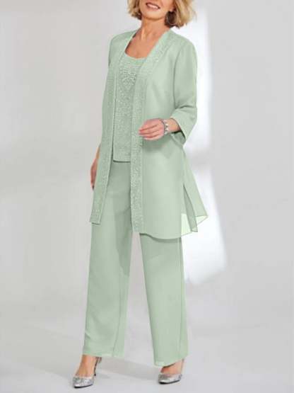Ankle-Length Chiffon Mother of the Bride Pantsuit with Jacket in Scoop Style-LLELLA