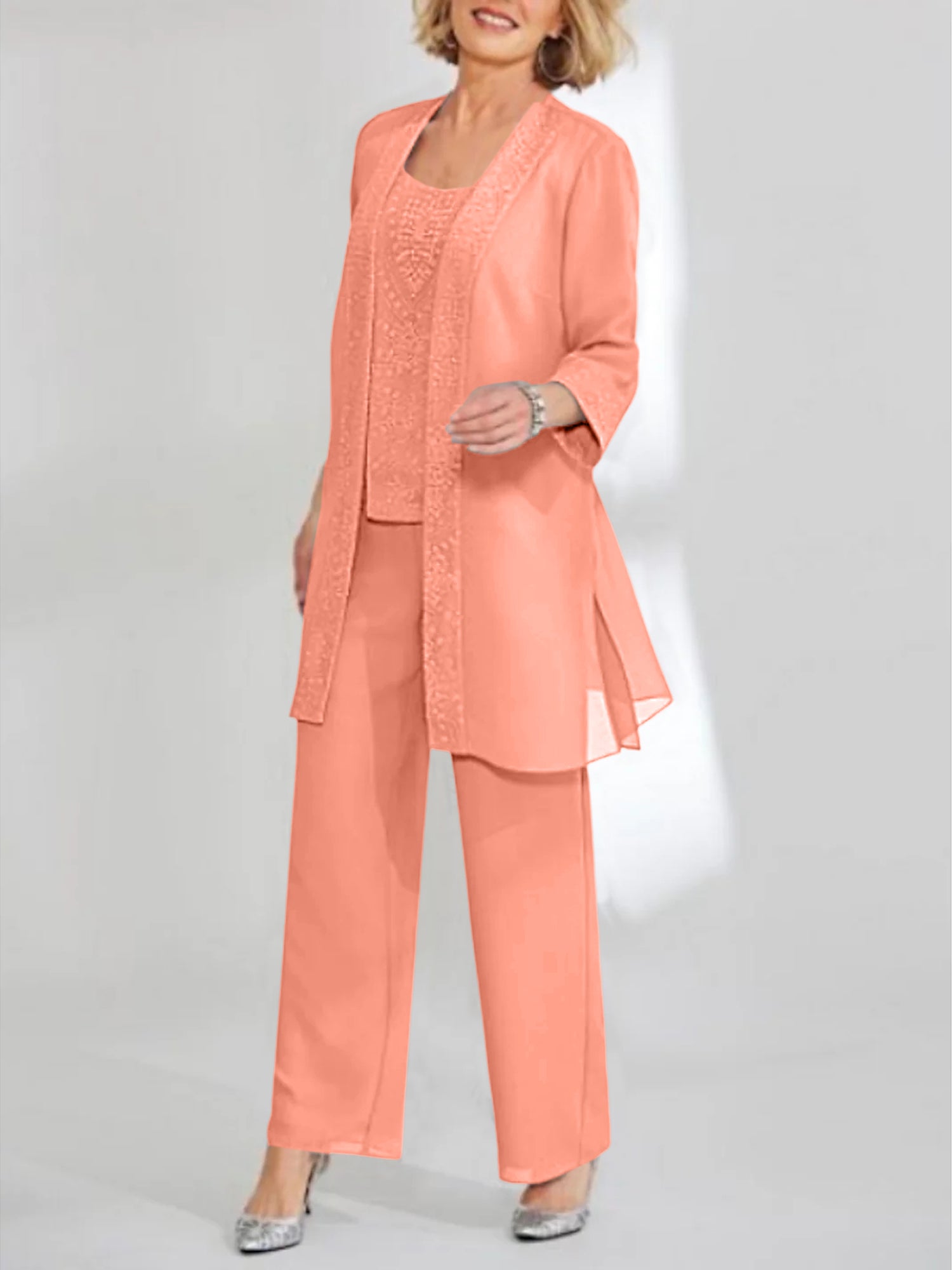 Ankle-Length Chiffon Mother of the Bride Pantsuit with Jacket in Scoop Style-LLELLA