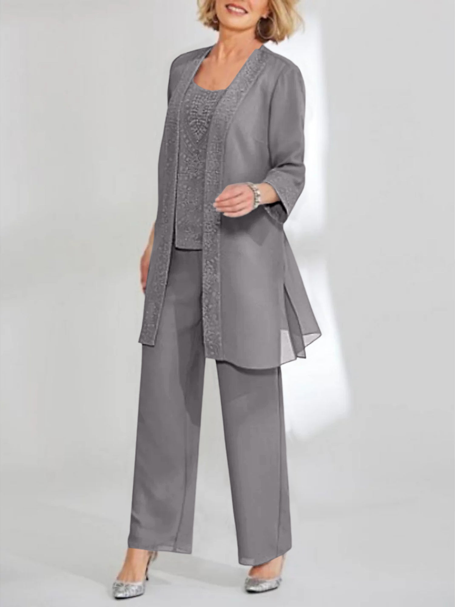 Ankle-Length Chiffon Mother of the Bride Pantsuit with Jacket in Scoop Style-LLELLA