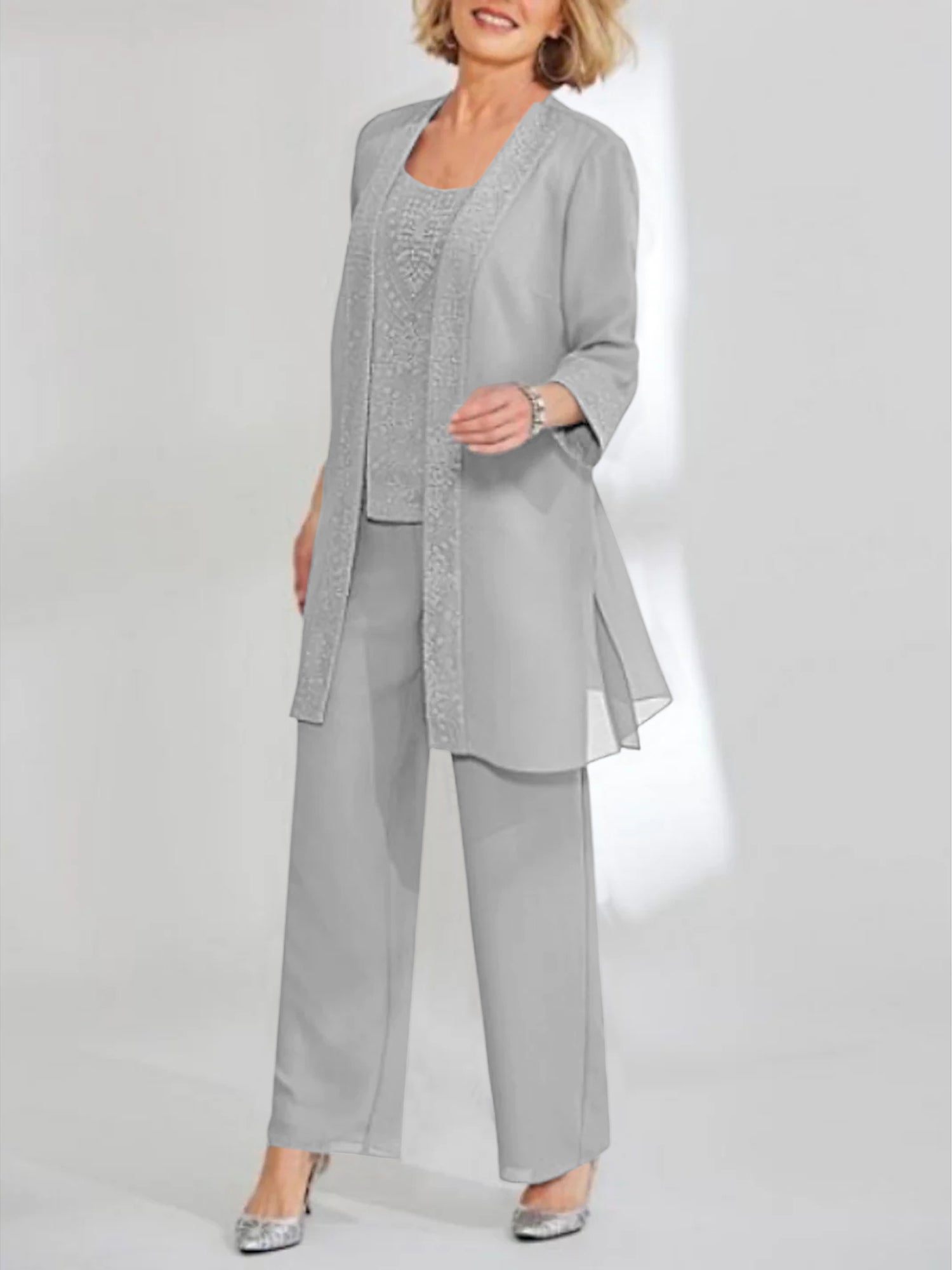 Ankle-Length Chiffon Mother of the Bride Pantsuit with Jacket in Scoop Style-LLELLA