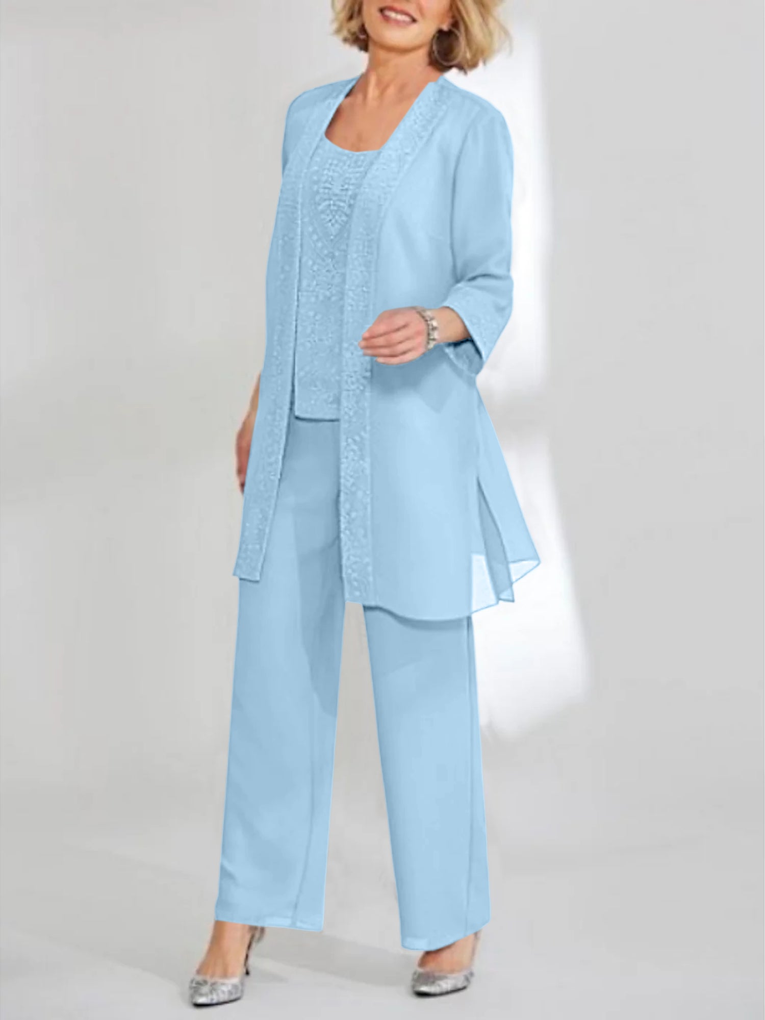 Ankle-Length Chiffon Mother of the Bride Pantsuit with Jacket in Scoop Style-LLELLA