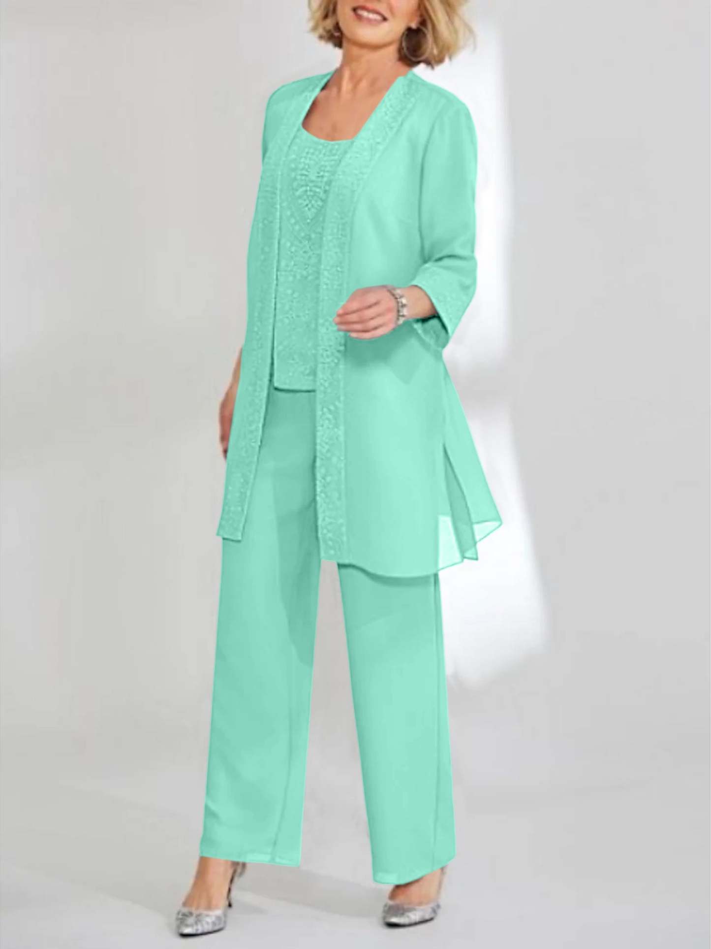 Ankle-Length Chiffon Mother of the Bride Pantsuit with Jacket in Scoop Style-LLELLA