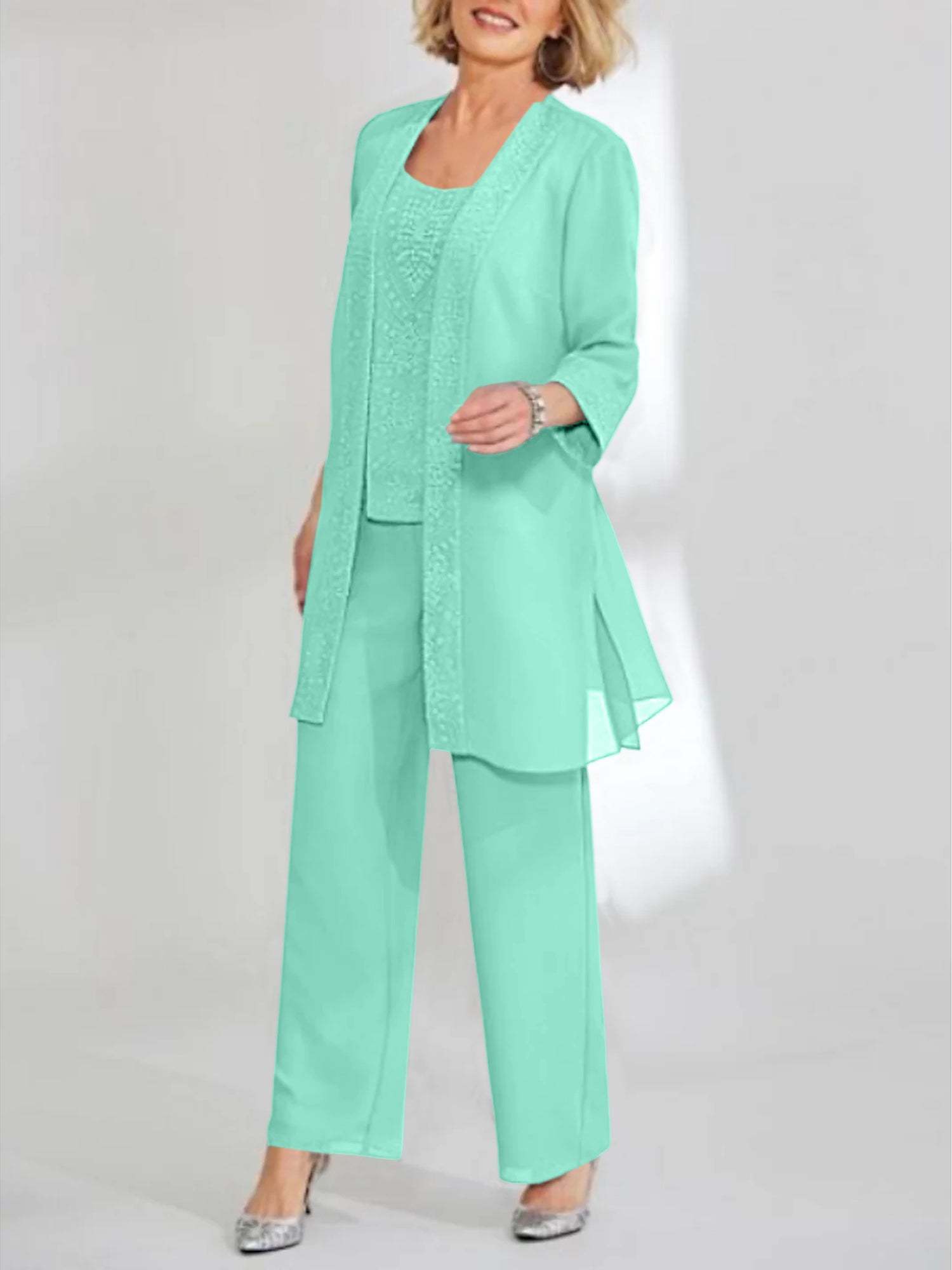 Ankle-Length Chiffon Mother of the Bride Pantsuit with Jacket in Scoop Style-LLELLA