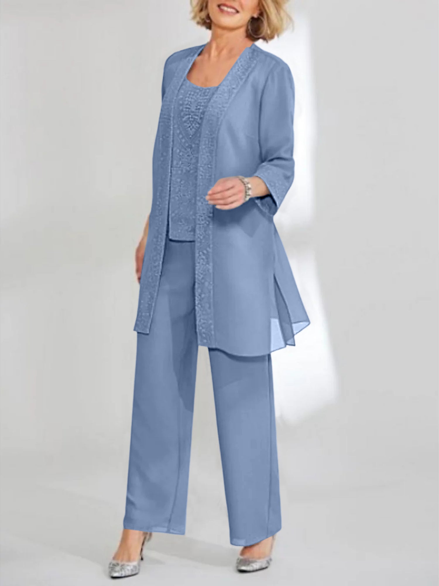 Ankle-Length Chiffon Mother of the Bride Pantsuit with Jacket in Scoop Style-LLELLA