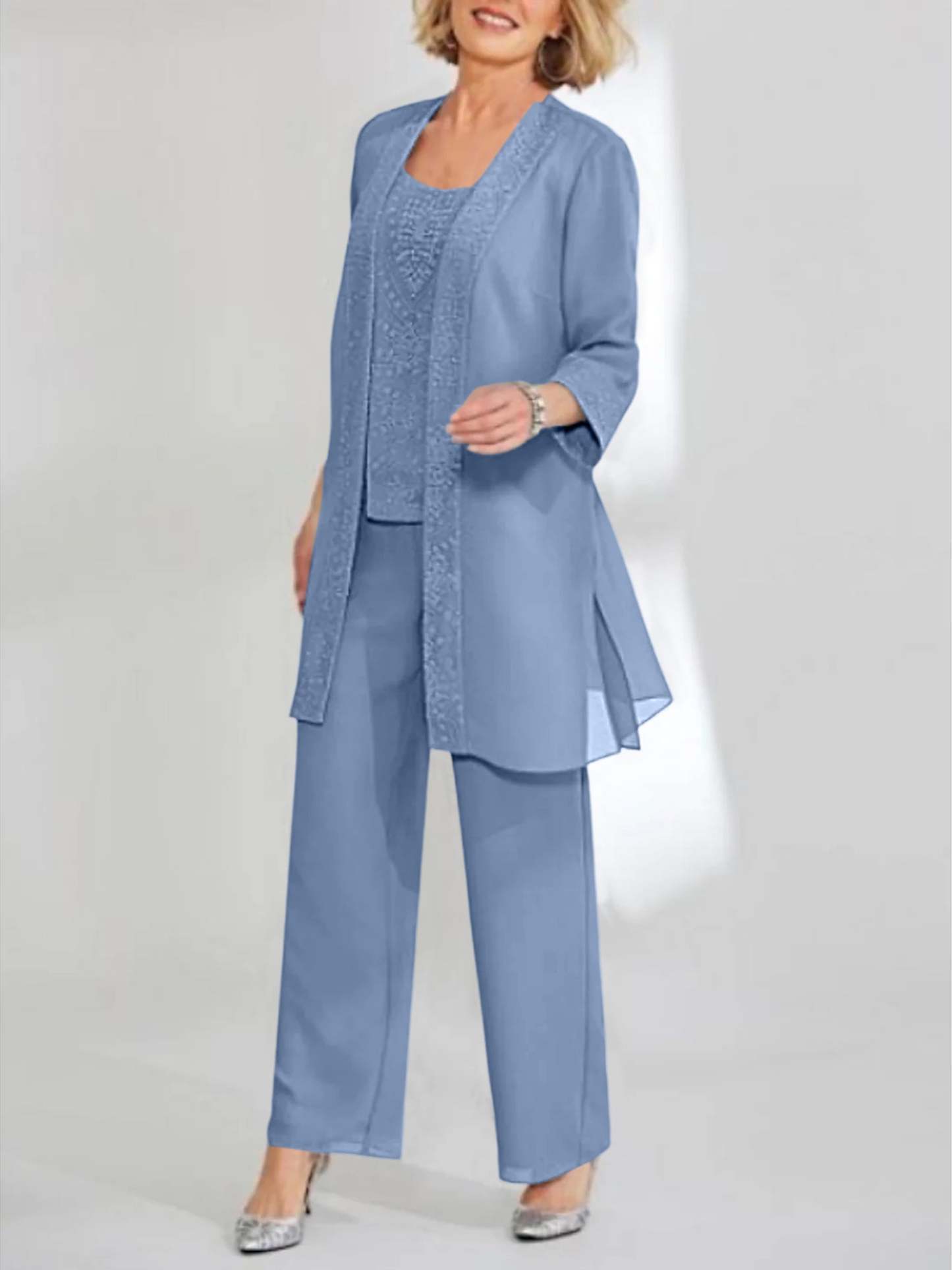 Ankle-Length Chiffon Mother of the Bride Pantsuit with Jacket in Scoop Style-LLELLA