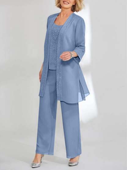 Ankle-Length Chiffon Mother of the Bride Pantsuit with Jacket in Scoop Style-LLELLA