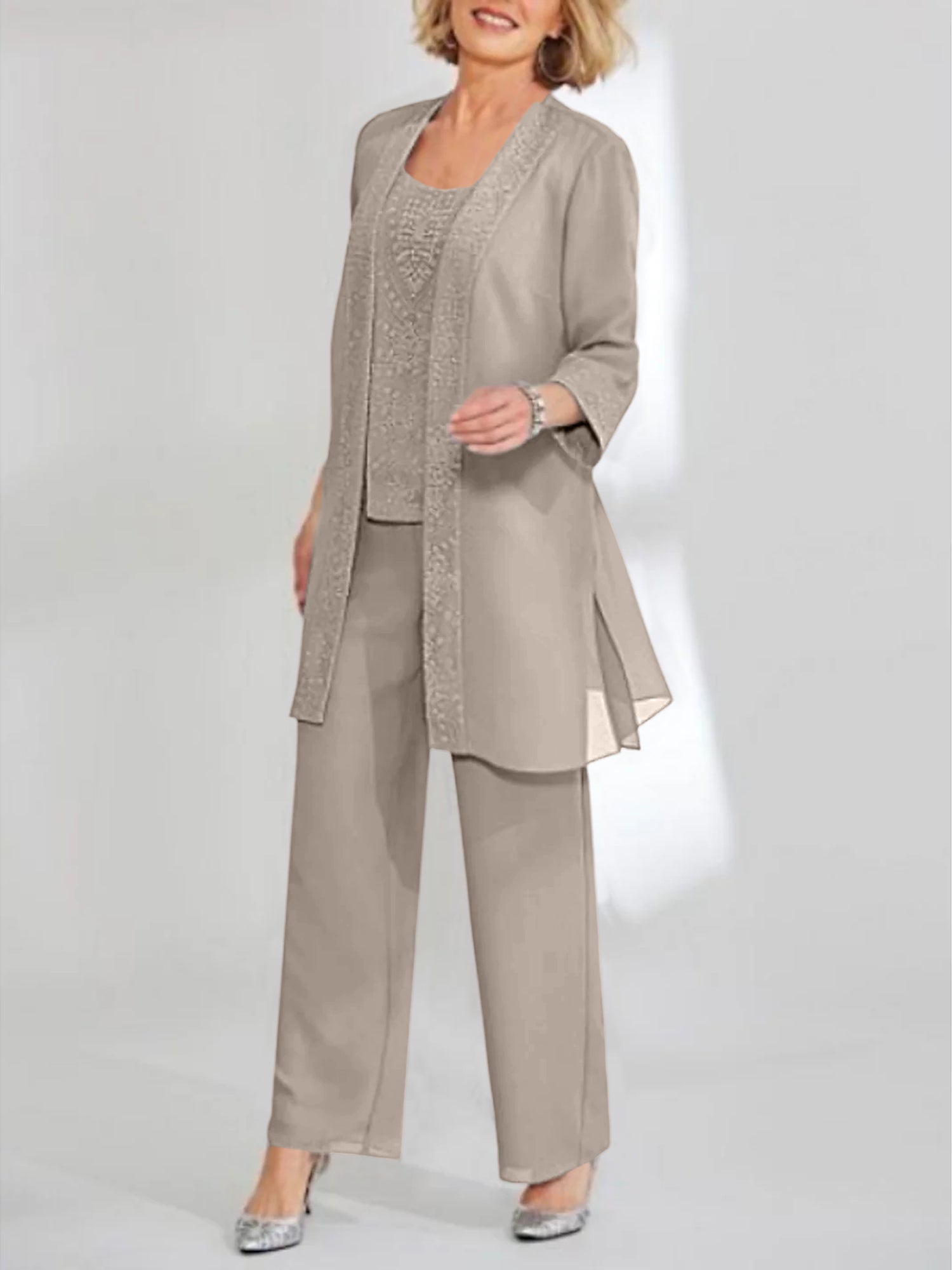 Ankle-Length Chiffon Mother of the Bride Pantsuit with Jacket in Scoop Style-LLELLA