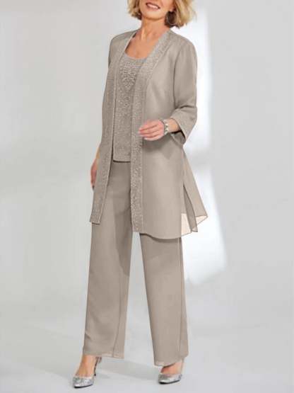 Ankle-Length Chiffon Mother of the Bride Pantsuit with Jacket in Scoop Style-LLELLA