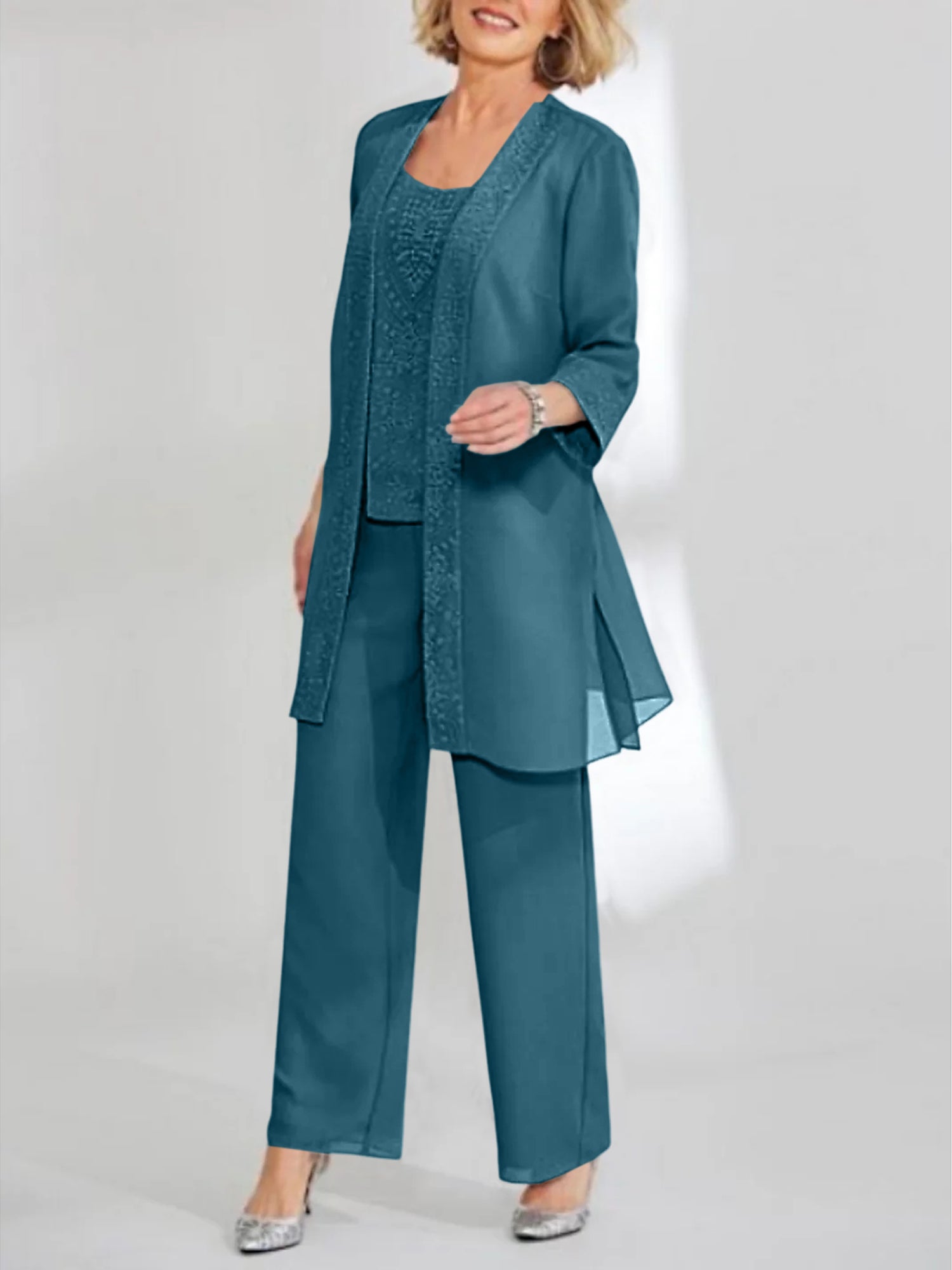 Ankle-Length Chiffon Mother of the Bride Pantsuit with Jacket in Scoop Style-LLELLA