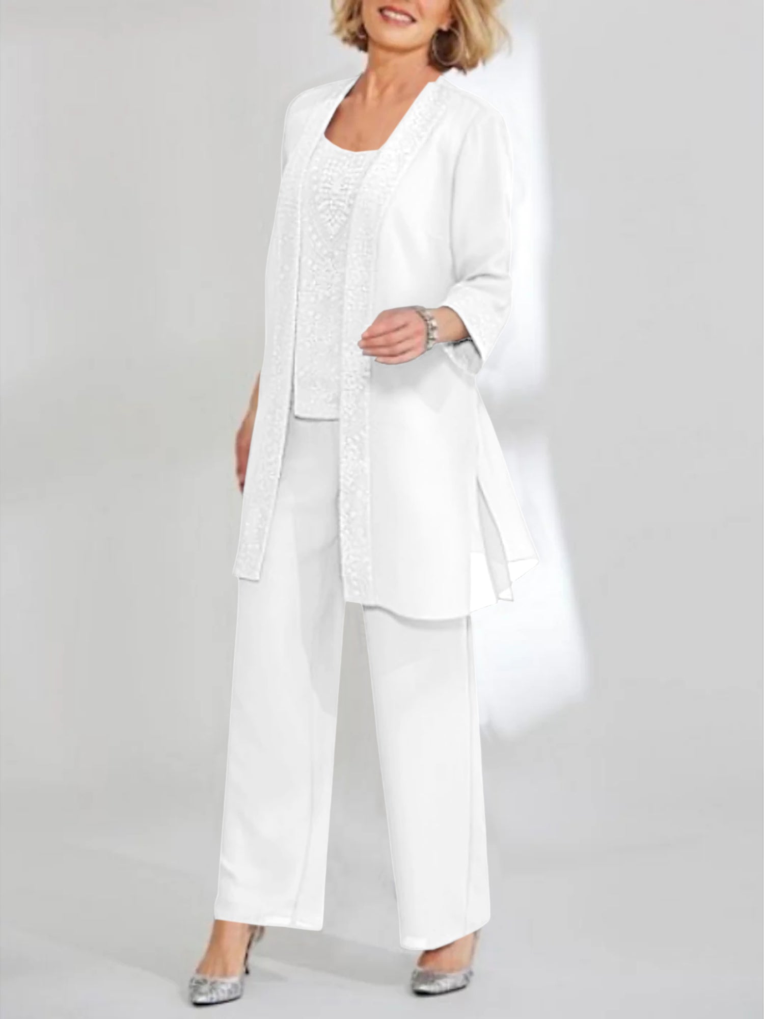 Ankle-Length Chiffon Mother of the Bride Pantsuit with Jacket in Scoop Style-LLELLA