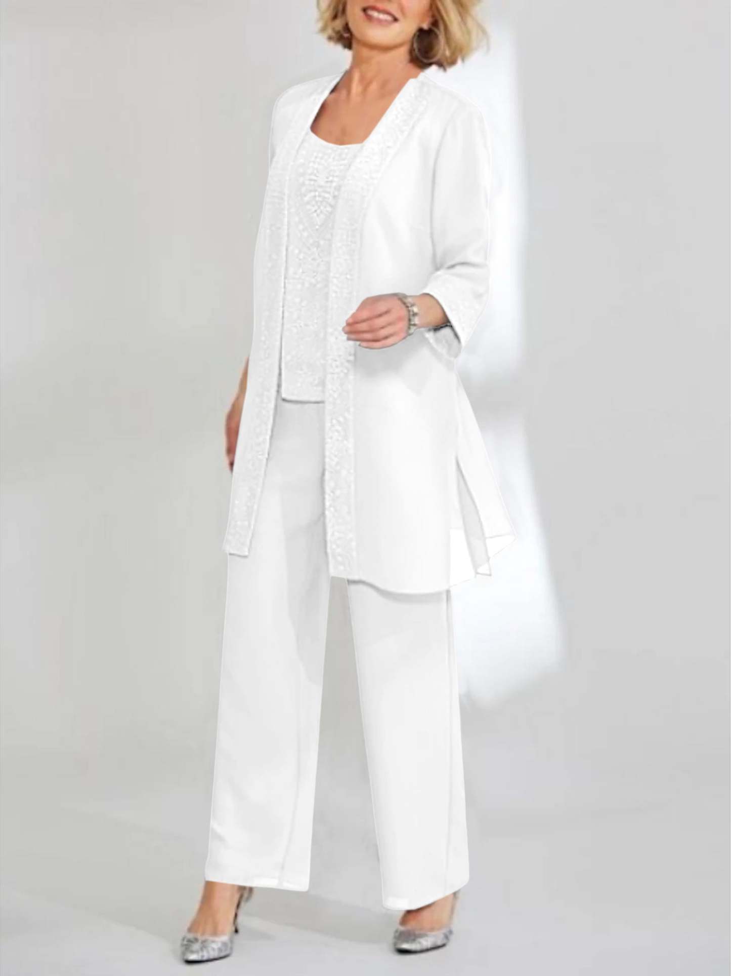 Ankle-Length Chiffon Mother of the Bride Pantsuit with Jacket in Scoop Style-LLELLA
