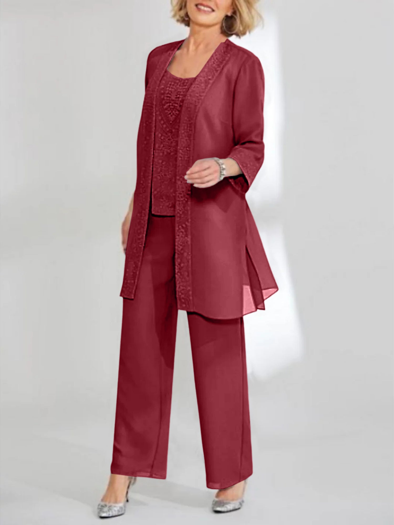 Ankle-Length Chiffon Mother of the Bride Pantsuit with Jacket in Scoop Style-LLELLA