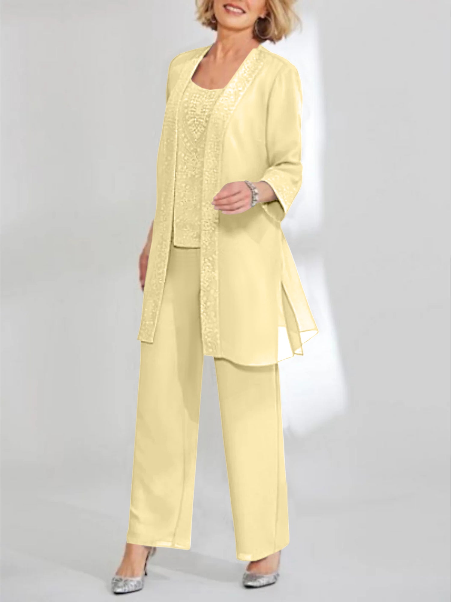 Ankle-Length Chiffon Mother of the Bride Pantsuit with Jacket in Scoop Style-LLELLA