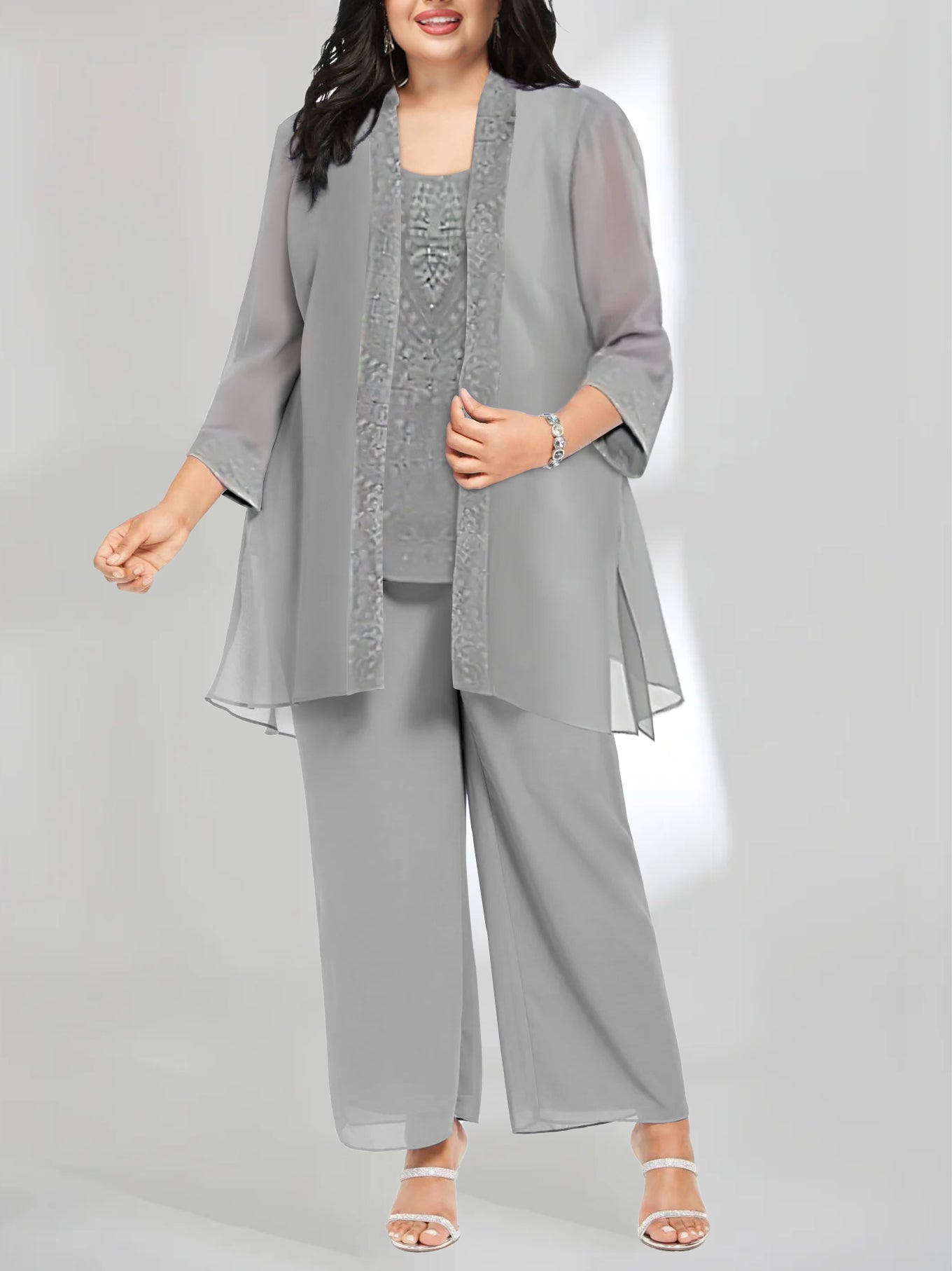 Ankle-Length Chiffon Mother of the Bride Pantsuit with Jacket in Scoop Style-LLELLA