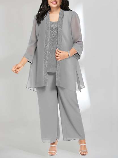 Ankle-Length Chiffon Mother of the Bride Pantsuit with Jacket in Scoop Style-LLELLA