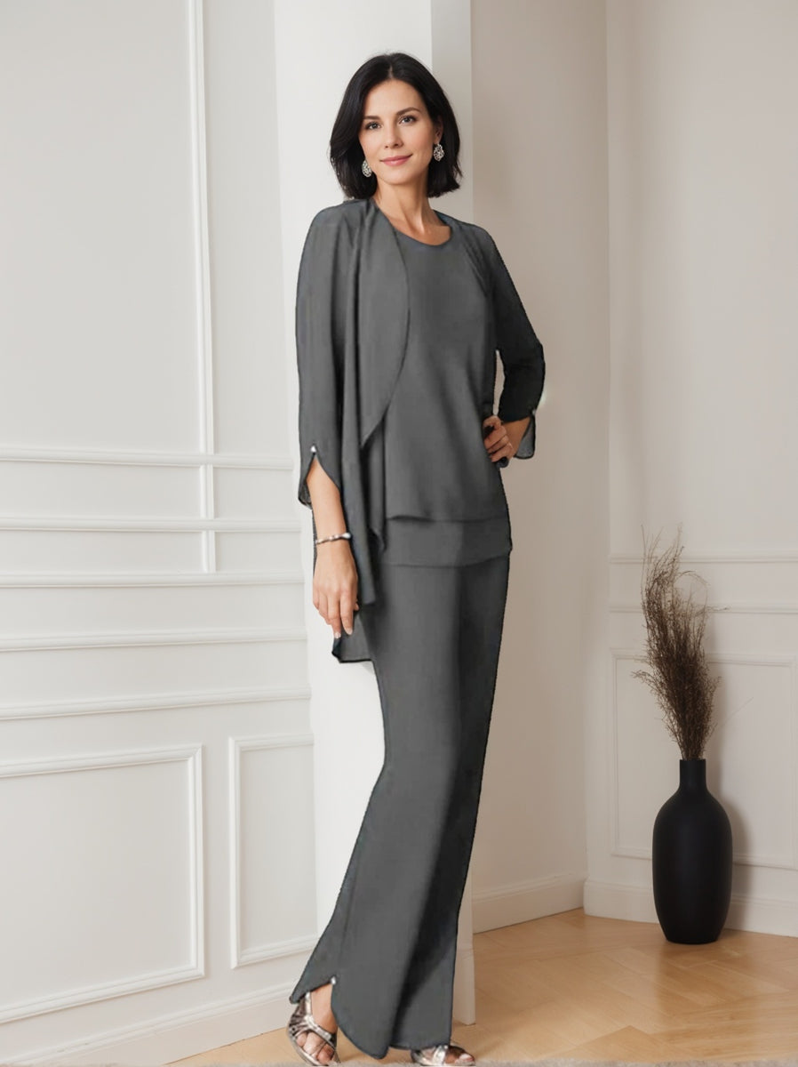 Floor-Length V-Neck Chiffon Pantsuit with Ruffles for the Mother of the Bride-LLELLA