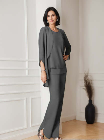 Floor-Length V-Neck Chiffon Pantsuit with Ruffles for the Mother of the Bride-LLELLA