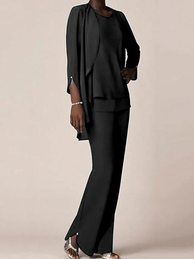 Floor-Length V-Neck Chiffon Pantsuit with Ruffles for the Mother of the Bride-LLELLA