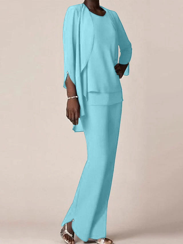Floor-Length V-Neck Chiffon Pantsuit with Ruffles for the Mother of the Bride-LLELLA
