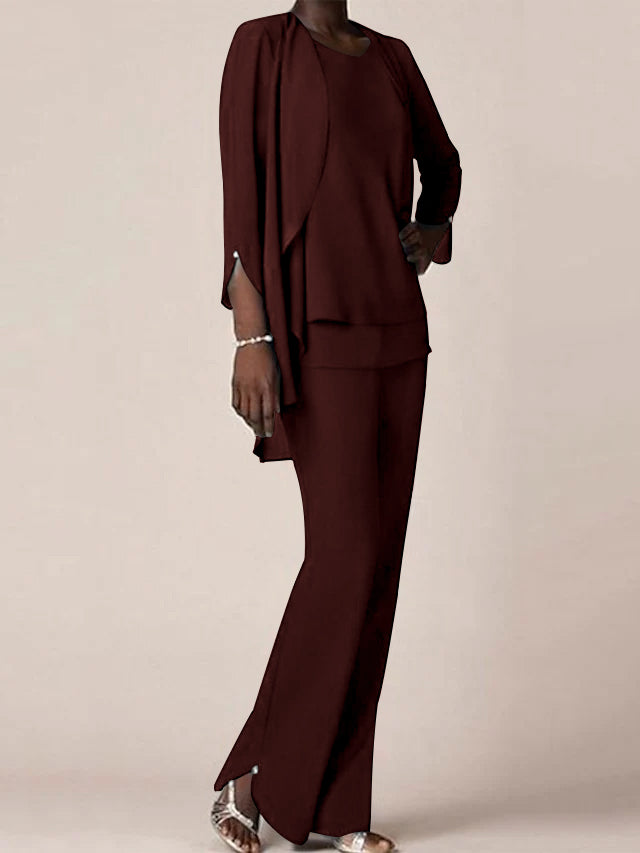 Floor-Length V-Neck Chiffon Pantsuit with Ruffles for the Mother of the Bride-LLELLA