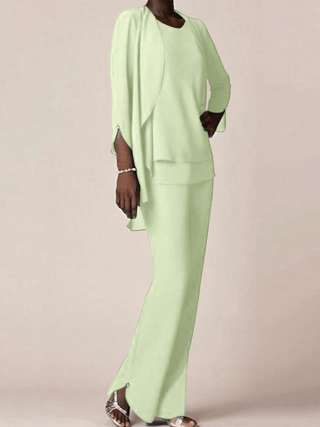 Floor-Length V-Neck Chiffon Pantsuit with Ruffles for the Mother of the Bride-LLELLA