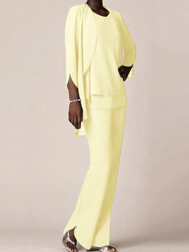 Floor-Length V-Neck Chiffon Pantsuit with Ruffles for the Mother of the Bride-LLELLA