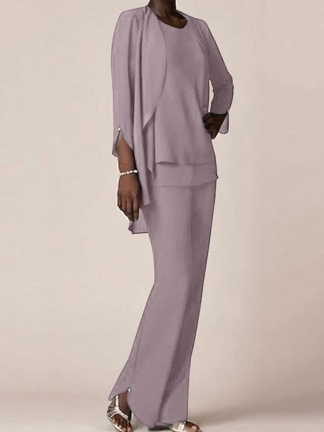Floor-Length V-Neck Chiffon Pantsuit with Ruffles for the Mother of the Bride-LLELLA