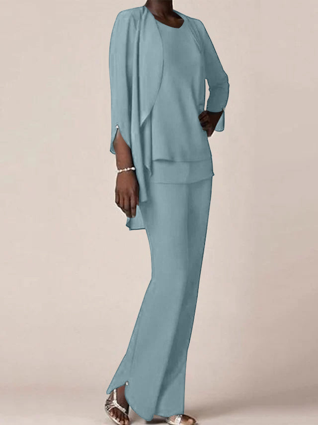 Floor-Length V-Neck Chiffon Pantsuit with Ruffles for the Mother of the Bride-LLELLA