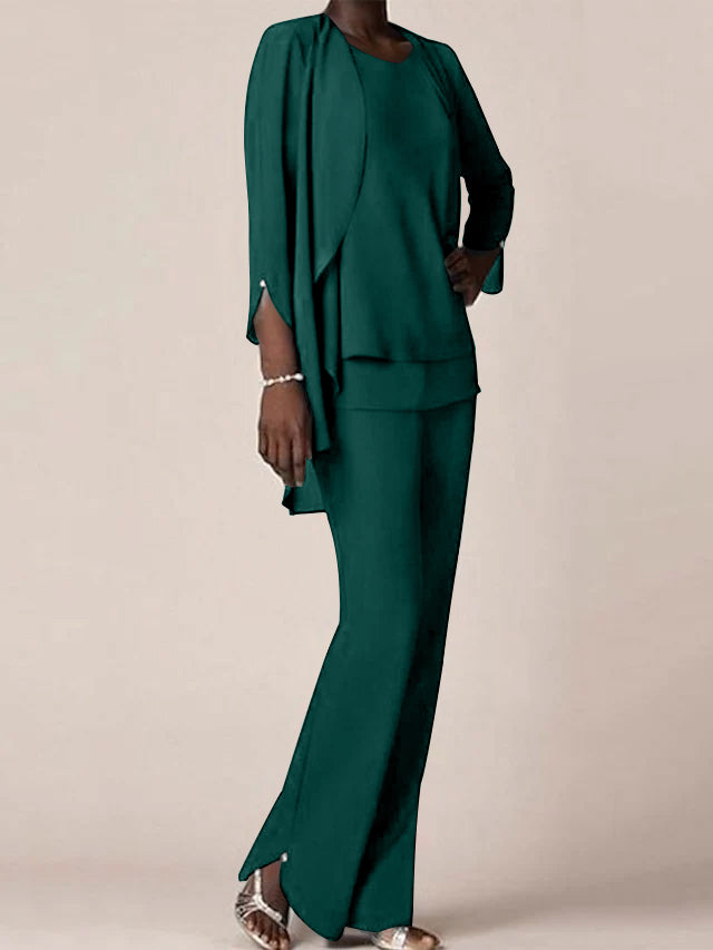 Floor-Length V-Neck Chiffon Pantsuit with Ruffles for the Mother of the Bride-LLELLA