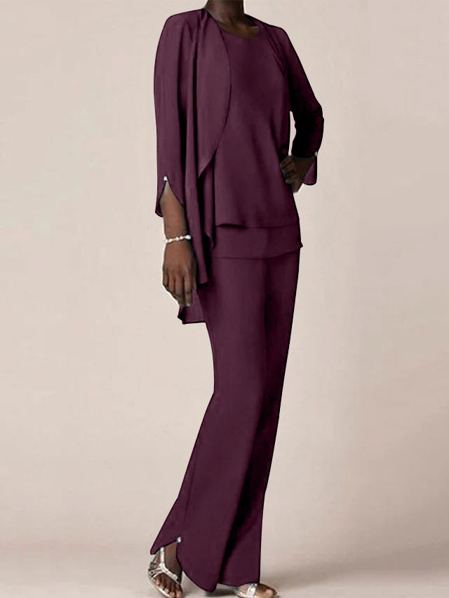 Floor-Length V-Neck Chiffon Pantsuit with Ruffles for the Mother of the Bride-LLELLA
