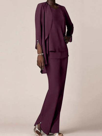Floor-Length V-Neck Chiffon Pantsuit with Ruffles for the Mother of the Bride-LLELLA
