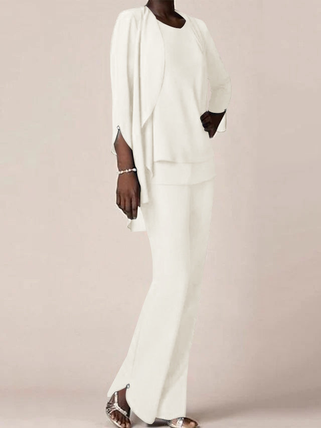 Floor-Length V-Neck Chiffon Pantsuit with Ruffles for the Mother of the Bride-LLELLA