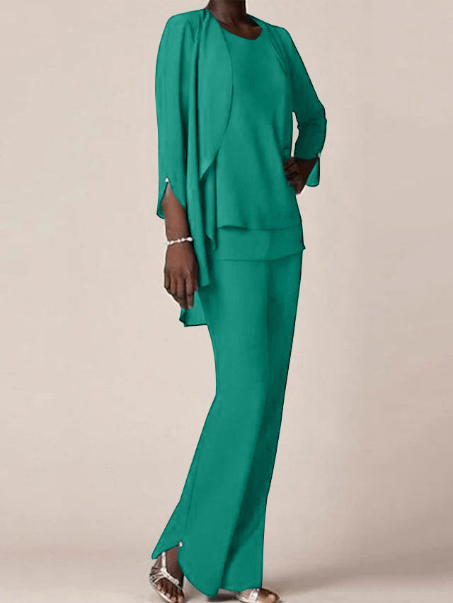 Floor-Length V-Neck Chiffon Pantsuit with Ruffles for the Mother of the Bride-LLELLA