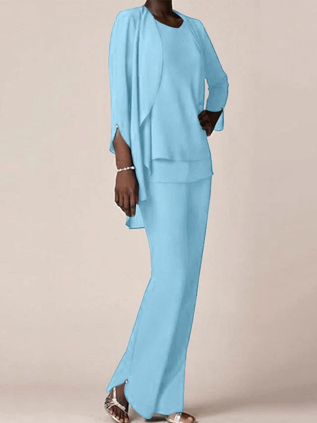 Floor-Length V-Neck Chiffon Pantsuit with Ruffles for the Mother of the Bride-LLELLA