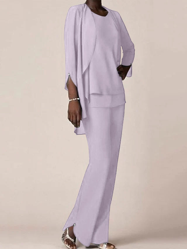 Floor-Length V-Neck Chiffon Pantsuit with Ruffles for the Mother of the Bride-LLELLA