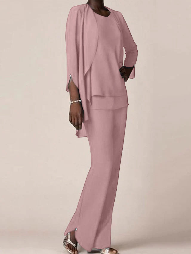 Floor-Length V-Neck Chiffon Pantsuit with Ruffles for the Mother of the Bride-LLELLA