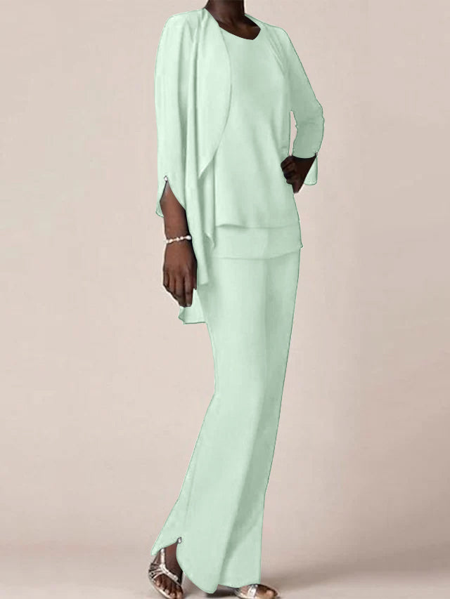 Floor-Length V-Neck Chiffon Pantsuit with Ruffles for the Mother of the Bride-LLELLA
