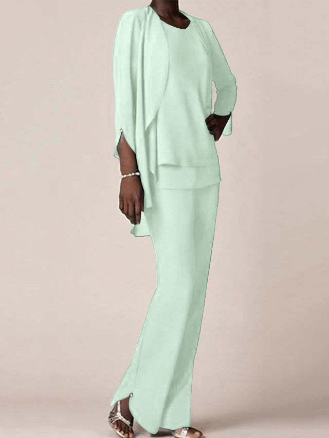 Floor-Length V-Neck Chiffon Pantsuit with Ruffles for the Mother of the Bride-LLELLA
