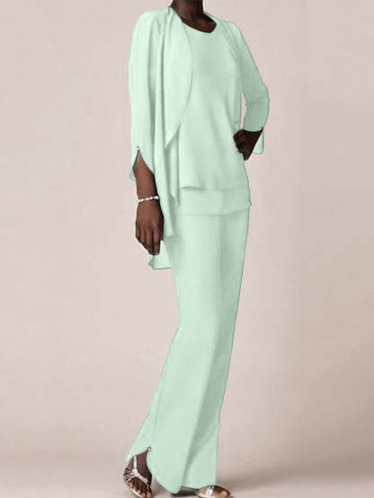 Floor-Length V-Neck Chiffon Pantsuit with Ruffles for the Mother of the Bride-LLELLA