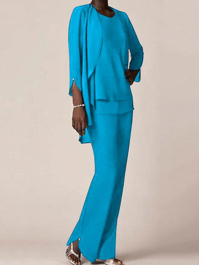 Floor-Length V-Neck Chiffon Pantsuit with Ruffles for the Mother of the Bride-LLELLA