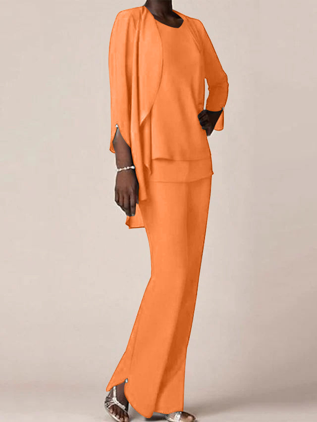 Floor-Length V-Neck Chiffon Pantsuit with Ruffles for the Mother of the Bride-LLELLA