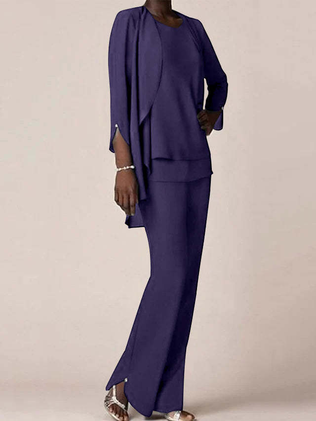 Floor-Length V-Neck Chiffon Pantsuit with Ruffles for the Mother of the Bride-LLELLA