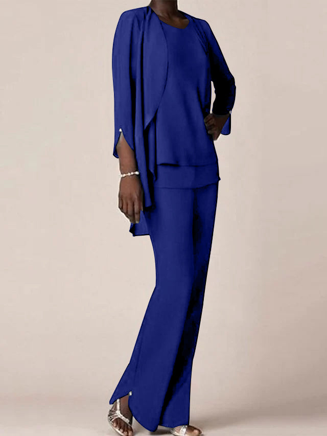 Floor-Length V-Neck Chiffon Pantsuit with Ruffles for the Mother of the Bride-LLELLA