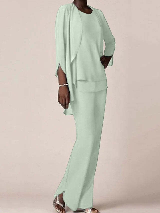 Floor-Length V-Neck Chiffon Pantsuit with Ruffles for the Mother of the Bride-LLELLA