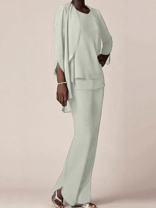Floor-Length V-Neck Chiffon Pantsuit with Ruffles for the Mother of the Bride-LLELLA