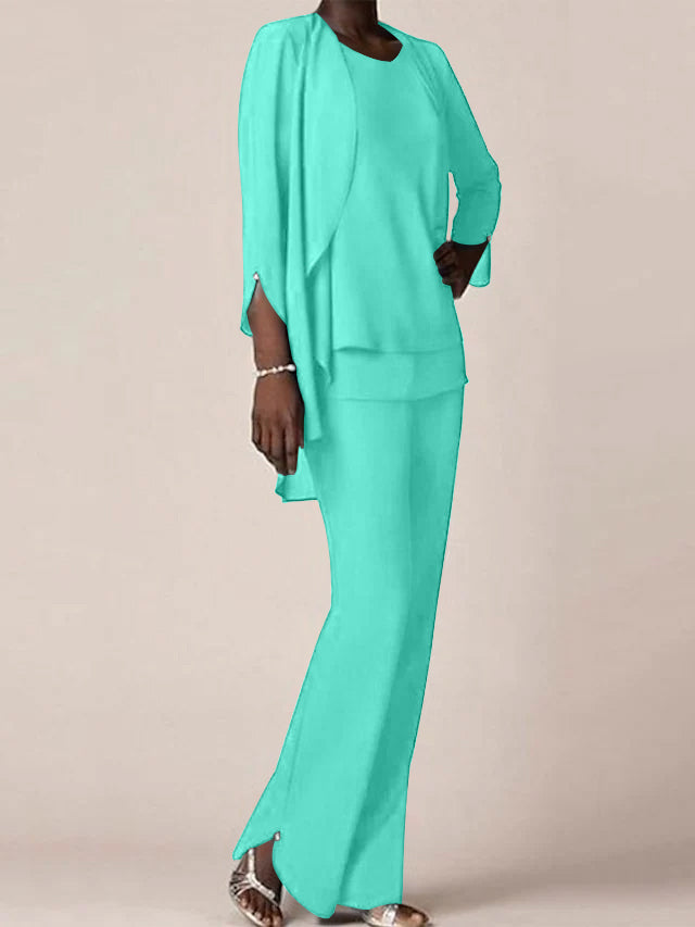 Floor-Length V-Neck Chiffon Pantsuit with Ruffles for the Mother of the Bride-LLELLA