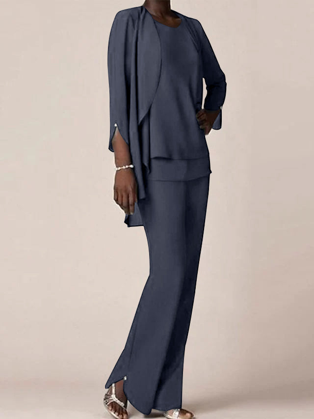 Floor-Length V-Neck Chiffon Pantsuit with Ruffles for the Mother of the Bride-LLELLA