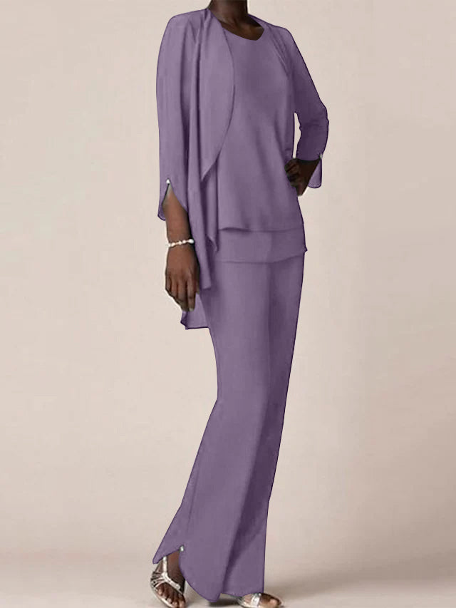 Floor-Length V-Neck Chiffon Pantsuit with Ruffles for the Mother of the Bride-LLELLA